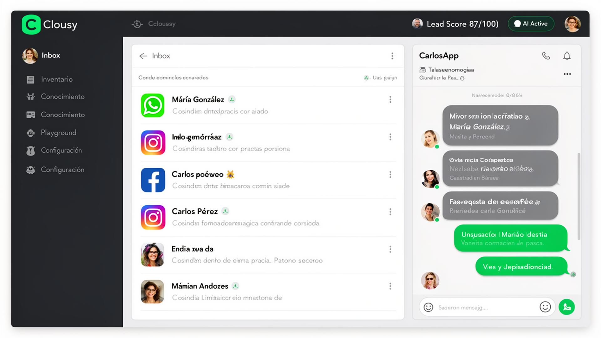 Bandeja omnicanal de Clousy con conversaciones de WhatsApp, Instagram y Facebook unificadas