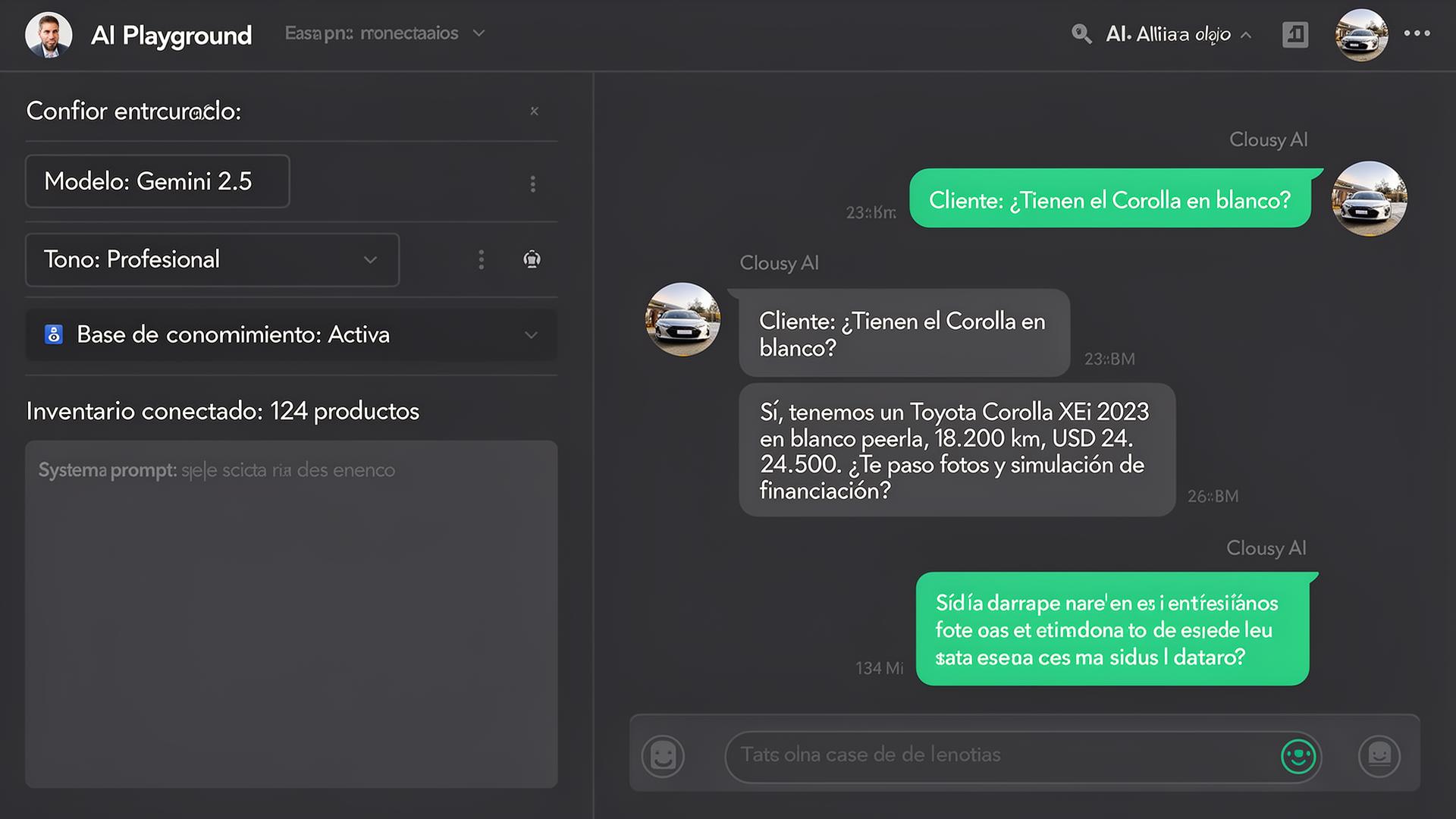 AI Playground de Clousy mostrando configuración del agente y conversación de prueba